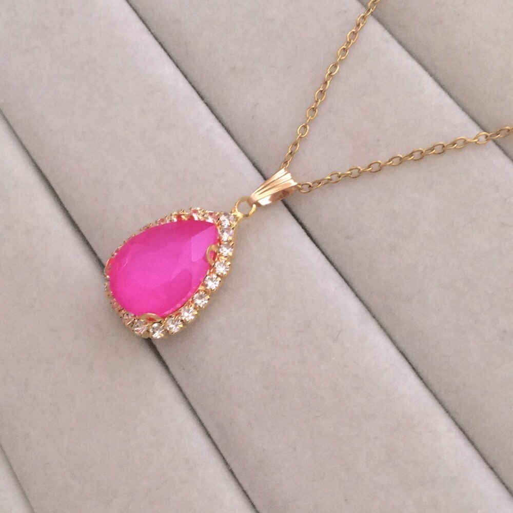 Hot Pink + Gold Crystal Halo Pear Drop Pendant Necklace - Picture 6 of 12